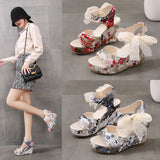 Breakj Slope Heel Sandals Women 2025 Bohemian Embroidered Toe High-Heeled Lace Lace Strap Fish
