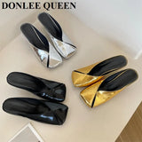 New Arrival Gold Outer Wear Slippers Women Fashion Slip On Square Toe Stiletto Mules Comfortable Heel Slide For Party
