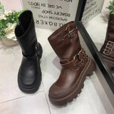 Boots Square Heel Round Toe Gothic Shoes for Women Autumn Medium Heel Women's Shoes Motorcycle Footwear Botas De
