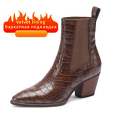 Ankle Boots for Women Luxury Cow Split Genuine Leather Block High Heel Elastic Band Short Booties Goth Brown Black