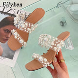 New Transparent PVC String Bead Shoes Woman Fashion Open Toe Slippers Crystal Perspex Heels Slides Beach Sandale