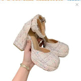 Spring And Summer Barbie Pink Single Shoes Waterproof Platform With Baotou Thick Heel Hollow Mary Jane Square Head High