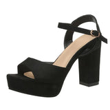 2023 Summer Black High Heel Sandals Woman Flock Platform Heeled Sandals for Women Ankle Strap Peep Toe Pumps