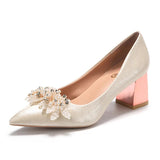 Women's Pearls High Heels Pumps 2024 Elegant Silk Thin Heeled Wedding Shoes Woman Slip On Pointed Toe Party Dress