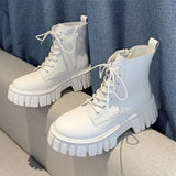 2023 New Women White Ankle Boots PU Leather Thick Sole Lace Up Combat Booties Female Autumn Winter Platform Shoes
