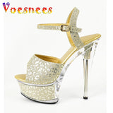 Women New Golden Emboss High Heels Ankle Strap Gladiator Sandals 15CM Stiletto Party Shoes 2023 Thick Bottom Stage Perform