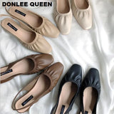 Slingback Sandals Women Slip On Mule Shoes Women Round Toe Low Heel Shoes Brand Shallow Pleated Sandal Elegant Mules