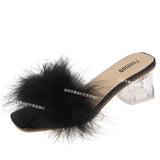 Breakj High-Heeled Slippers Women's Hairy Cool Drag Crystal Coarse And Net Red Summer Fashion Wear Half-Dragging Women's Shoes