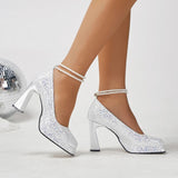 New Sequin Gold Pumps Women Party Wedding Blingbling Glitter High Heels Shoes Ladies Thick Heels Pearls Strap Banquet
