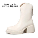 Women Genuine Leather Ankle Western Boots Round Toe Platform Block High Heel Lady Zipper Short Boot Autumn Winter