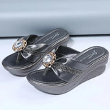 Fashion Gold Wedges Slippers for Women 2023 Sequins Rhinestone Clip Toe Sandals Woman Summer Platform Slides