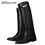 New Women Motorcycle Booties Belt Strap Metal Shark Lock Flat Heel Knee High Boots Woman Shoes Genuine Leather Botas