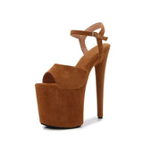 Sales 2023 New Style Suede Sexy 20cm Women Sandals High Heels Open Toe Buckles Nightclub Party Women Shoes Apricot Size
