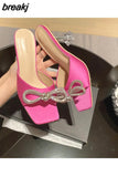 Rhinestone Butterfly Knot Slippers Fine Heel Sandal Women Crystal Fairy Pink Blue Bow Diamond High Heel Mule Shoes For