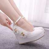 Queen White Platform Pumps Summer Women Lace Flower A Word Strap Large Size Wedding Wedges