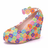 Queen Wedges Wedding Pumps Sweet White Flower Lace Pearl Platform Shoes Bride Dress High
