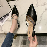 Women's New Summer Mules Slippers Sandals Female Fashion Rhinestones Pointed Square Heel Outside Slippers Zapatillas