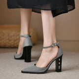 Women's Pumps Vintage Pointed Toe Chunky Heel Strange Style Lattice Hollow High Heels Party Leather Shoes Plus Size