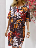 Spring Summer New Lady Casual Loose Midi Dress Women half Sleeve Vintage Printed Dresses Fashion Split Crew Neck Pullover