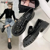 loafers Women Solid Black PU Leather Loafers Zapatos De Mujer Female Casual Slip On Chunky Heels Round Toe Platform