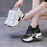 Flower Embroidered Mesh Breathable Ladies Wedge Platform Sneakers High Heels Lace-Up Shoes Comfortable Height