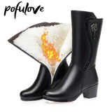 Women Fur Boots Winter Shoes High Heels Velvet Black Leather Booties Woman Snow Botas Fashion Designer Size 41