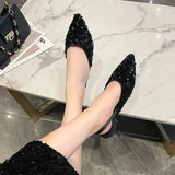 Silver Slingbacks Flats Shoes Woman 2024 Trend Designer Pointed Toe Flat Slip-on Mules Shiny Soft Ballet Flats Black