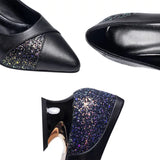 Leather Pointed Toe Shallow Casual Low Heels Shoes Luxury Rhinestone Non-Slip Office Shoes Vintage Slip On Women Single