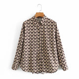 Women Geometric Printing Side Slit Shirts Female Long Sleeve Blouses Casual Lady Loose Tops Blusas