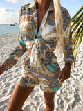 Summer Women's Outfit Retro Graphic Print Shorts Boho Outfit Elegant Lapel Collar Button Up Top Elastic Waist Shorts Beach