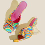 Printing Summer High Heels 2023 New Fashion Square Head Crystal High Heel Slippers Women's Sandals Outdoor