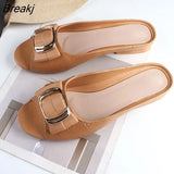 Women's Summer Semi Slippers Women Square Buckle Leisure Thick Heels Flat Bottomed Cool