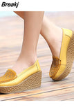 Leather Wedge Platform Shoes Ladies Slip On Crystal Flat Shoes High Heel 7cm Thick Sole Shallow Flats Casual