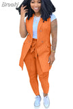 Striped Print Two Piece Set Women Sleeveless Blazer Coat And Sashes Pants Outfits Office Lady Elegant Work 2pcs
