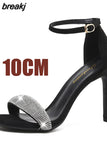 Women Cool Black High Quality Summer Open Toe Stiletto Heel Sandal Shoes Lady Summer Rhinestones Shoes Buckle Strap Heel