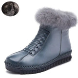 Handmade Genuine Leather Women Boots Rabbit Fur Flat Ankle Boots Women Snow Boots Winter Warm Casual Shoes Botas
