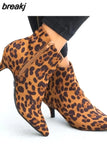 Women's Ankle Boots Leopard Female Zip Pointed Toe Woman Snakeskin Stilettos Plus Size Sexy Ladies Suede Female
