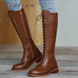 Women Genuine Leather Knee High Boots Round Toe Flat Zipper Ladies Boot Concise Lace-up Long Booties Autumn Winter