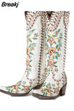High Quality Shoes Woman Big Size 34-43 Embroider Vintage Westren Boots Square Toe Mid-calf Chunky Heels