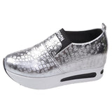 Gold Snake Pattern Sneakers Women 2024 Spring Slip On Height Increase Sneaker Woman Plus Size Pu Leather Loafers Shoes