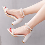 Queen Women Gladiator Sandals Sexy White String Bead High Heels Summer Party Dress Shoes Buckles Pumps Size