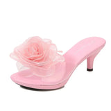 Three-Dimensional Flowers Slippers Summer Transparent Sandals Beach Shoes Thin High Heels Walk Show Crystal Party Women