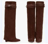 Lock Folded Woman Wedge Boots Black Leather Belt Height Increasing Knee High Boots Pointed Toe Winter Long Boots