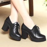 Women Pumps Shoes Genuine Leather Pointed Toe Lace-Up 8cm&5cm Thick High Heel Shallow Solid Casual Female Shoes Plus