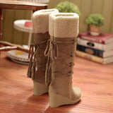 Knee-High Boots Winter Snow Boots Wedges Keep Warm Shoes for Women Tassel High Heel Boots Cotton-padded Knee High