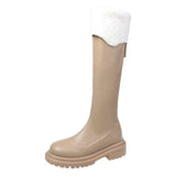 Winter Platform Boots Leather Fur Boots Thigh High Flat Boots Black White Botas Knee High Shoes Goth Punk Riding