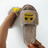 2023 New Halloween Furry Slippers Women Crystal Decor Flat Heel Plush Slippers Woman Non Slip Soft House Slides