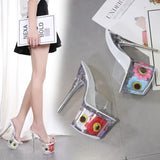 Women Slippers Summer Sun Flower Sexy Crystal Slippers Thin Heels 17cm Transparent Sandals Cool Size 34-43 Wedding