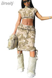 Spring Camouflage Women Streetwear Women Turtleneck Shorts Crop Top And Skinny Skirts Casual Matching 2pcs Outfits