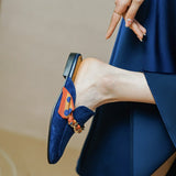 Women Mule Slippers Concise Style Simple Flat Shoes Cow Leather Round Toe Mules Spring Autumn Women Flats Kidsuede Chain